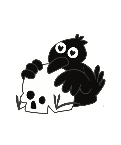 A black bird cuddling with a skull